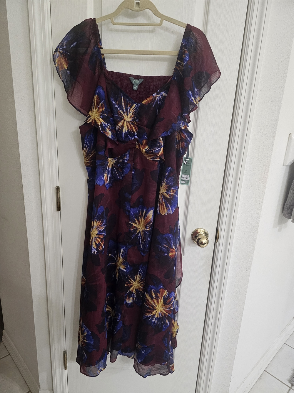 Terra & Sky Burgundy Floral Midi Dress with Blue and Yellow Accents